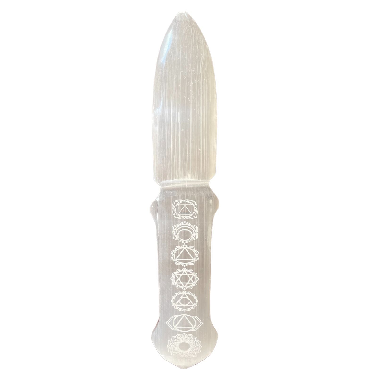 Polished Selenite Ritual Knife - Chakra featuring satin white sheen and fibrous texture - Positive Faith Hope Love