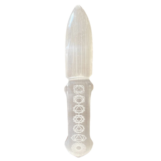 Polished Selenite Ritual Knife - Chakra featuring satin white sheen and fibrous texture - Positive Faith Hope Love