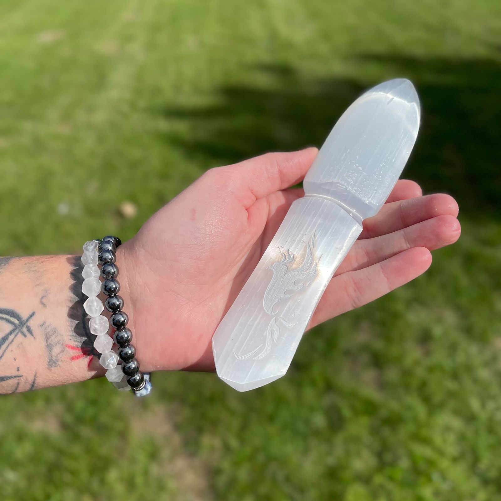 Polished Selenite Ritual Knife Letting Go Of The Past featuring satin white sheen and fibrous texture - Positive Faith Hope Love