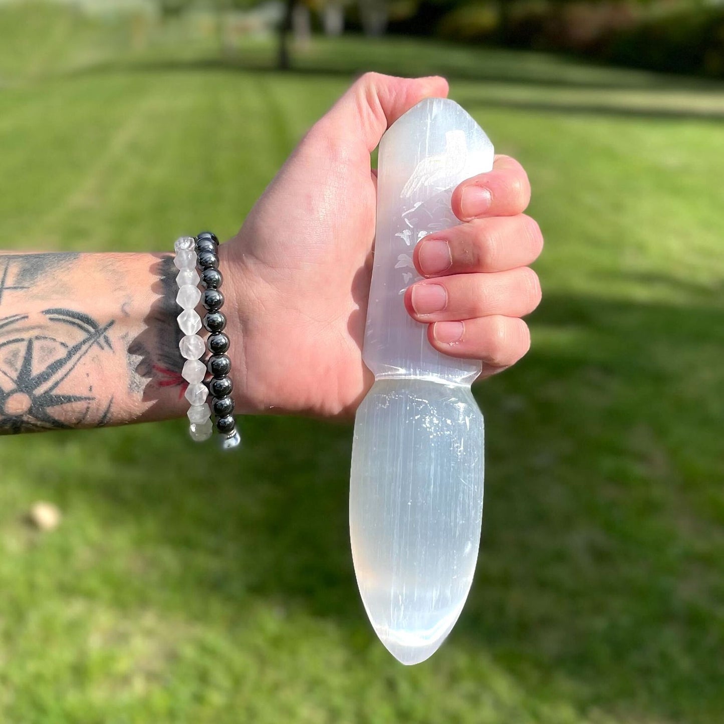 Polished Selenite Ritual Knife Releasing Bonds featuring satin white sheen and fibrous texture - Positive Faith Hope Love