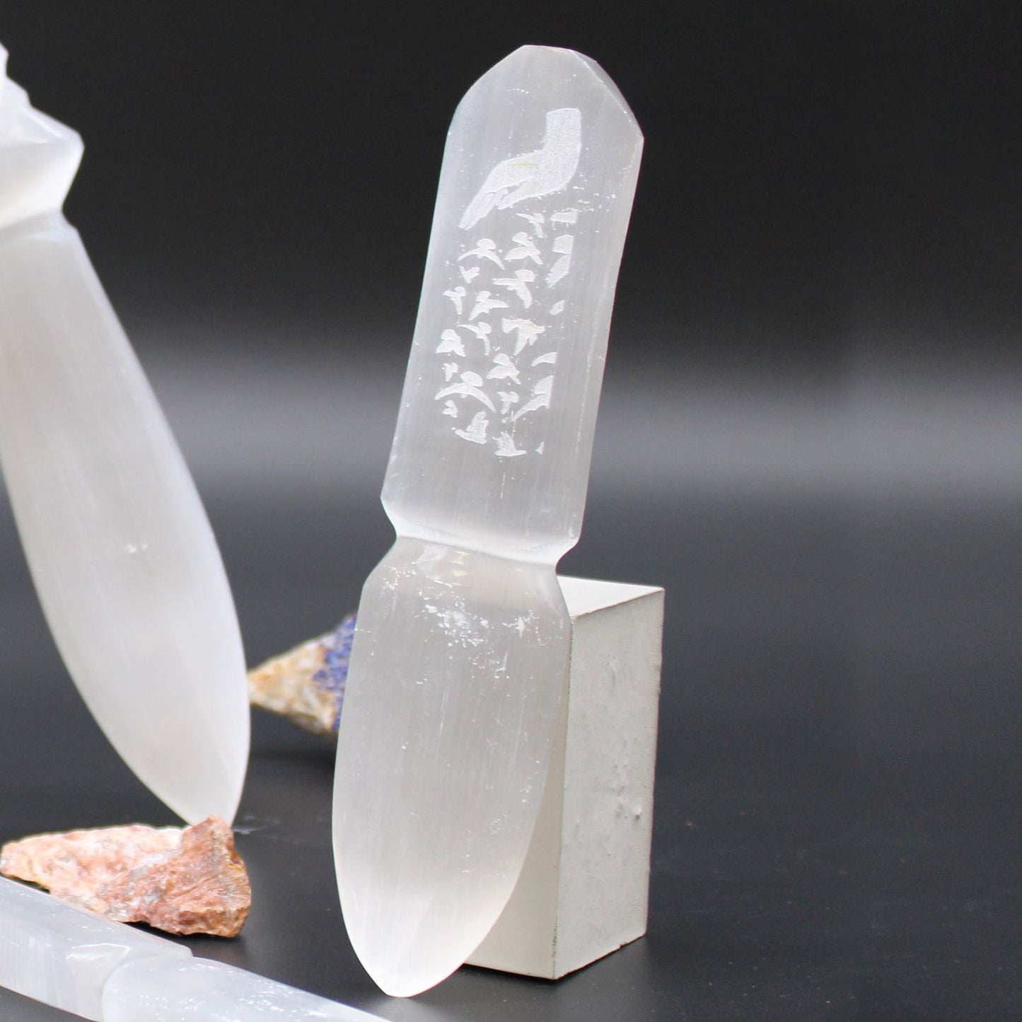 Polished Selenite Ritual Knife Releasing Bonds featuring satin white sheen and fibrous texture - Positive Faith Hope Love