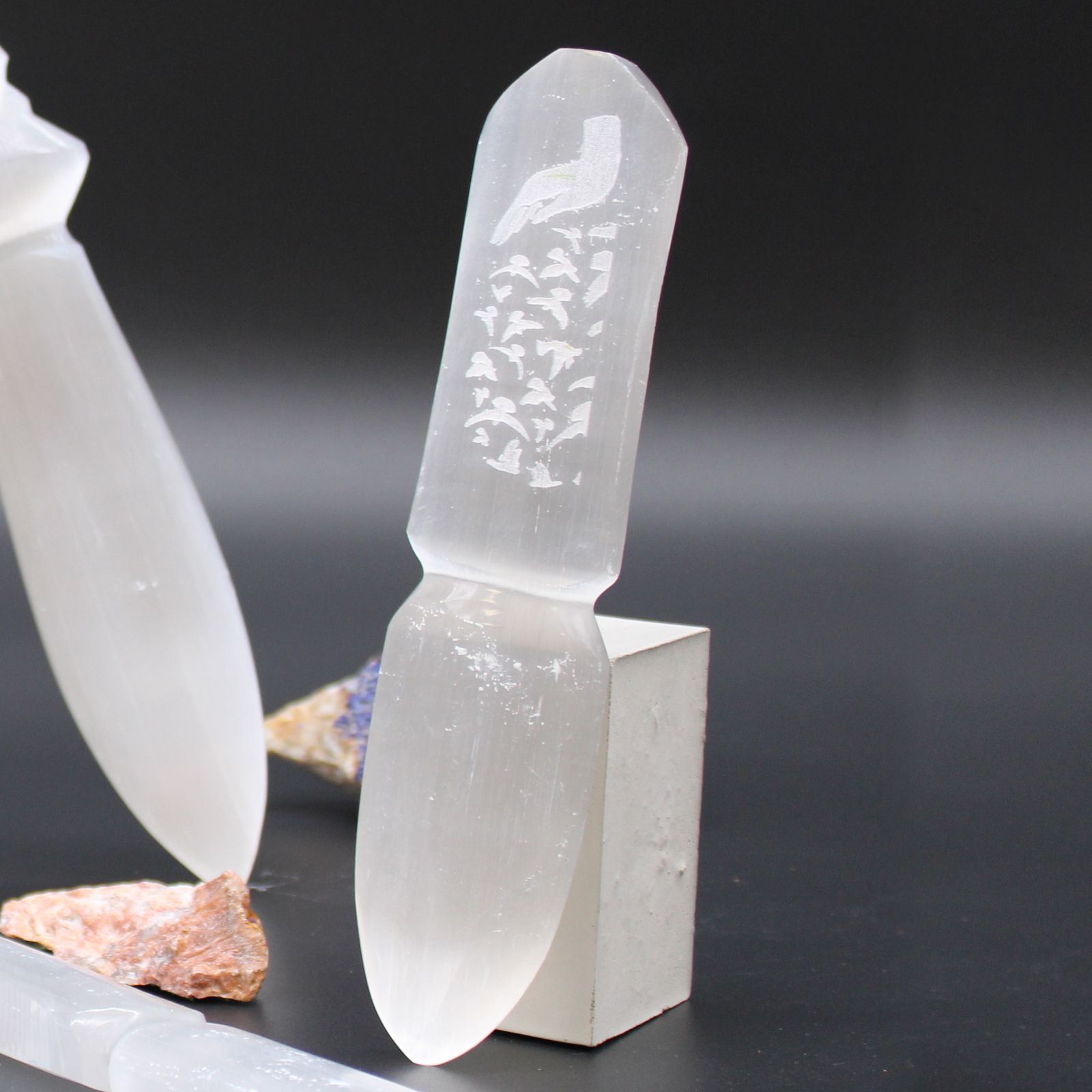 Polished Selenite Ritual Knife Releasing Bonds featuring satin white sheen and fibrous texture - Positive Faith Hope Love