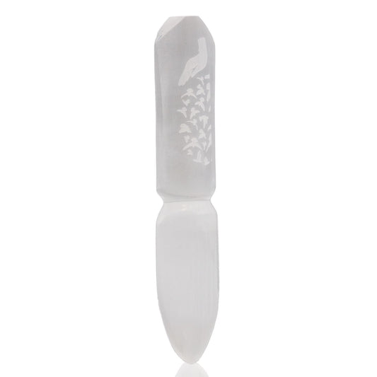 Polished Selenite Ritual Knife Releasing Bonds featuring satin white sheen and fibrous texture - Positive Faith Hope Love