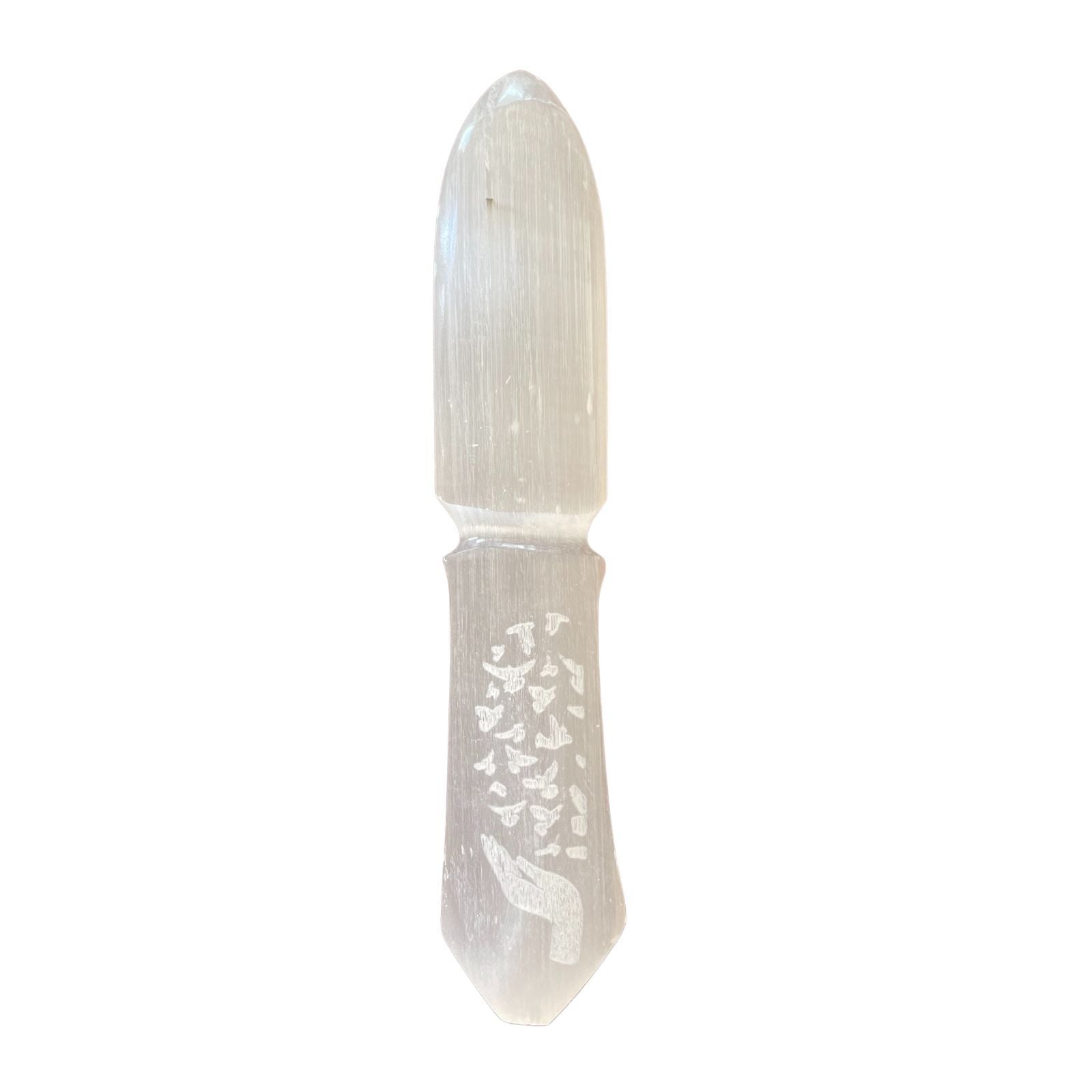 Polished Selenite Ritual Knife - Releasing Bonds featuring satin white sheen and fibrous texture - Positive Faith Hope Love