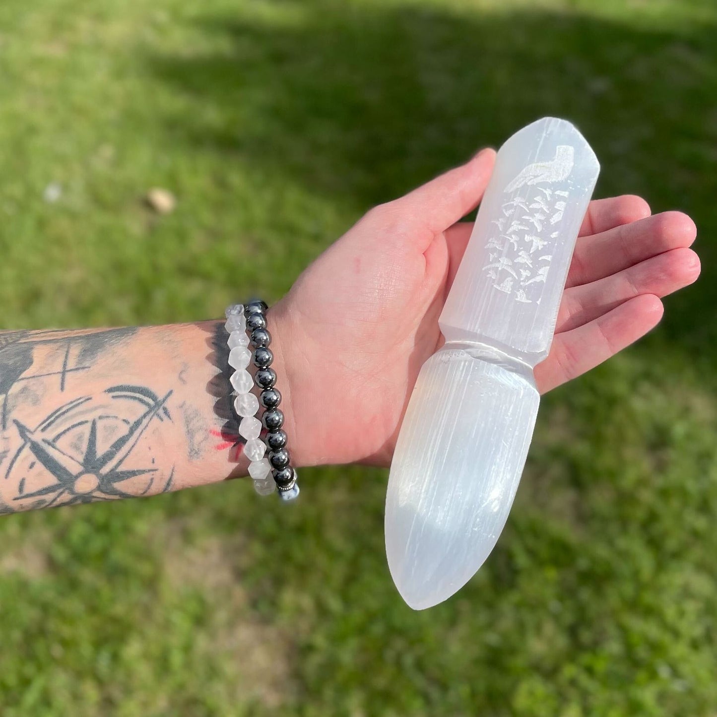Polished Selenite Ritual Knife Releasing Bonds featuring satin white sheen and fibrous texture - Positive Faith Hope Love