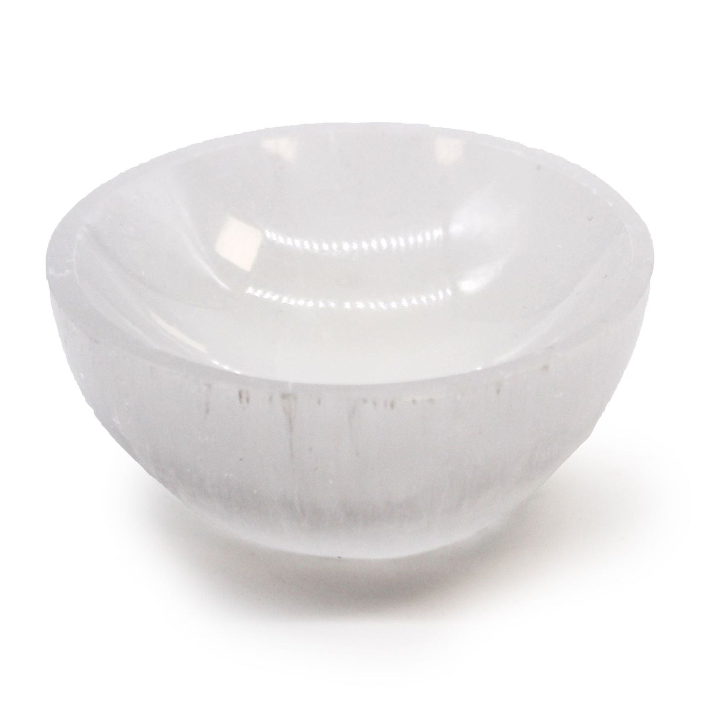Polished Selenite Round Bowl - 8cm featuring satin white sheen and fibrous texture - Positive Faith Hope Love