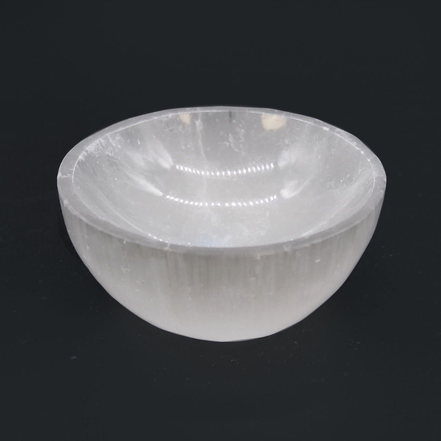 Polished Selenite Round Bowl 8Cm featuring satin white sheen and fibrous texture - Positive Faith Hope Love