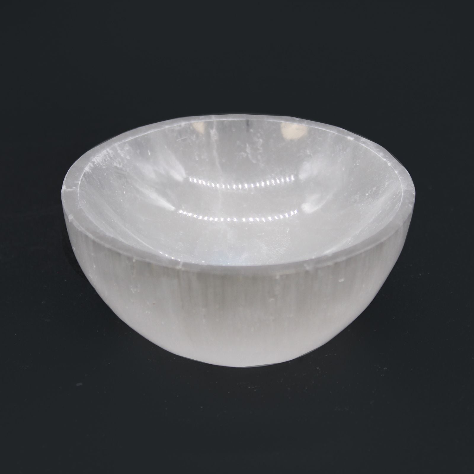 Polished Selenite Round Bowl 8Cm featuring satin white sheen and fibrous texture - Positive Faith Hope Love