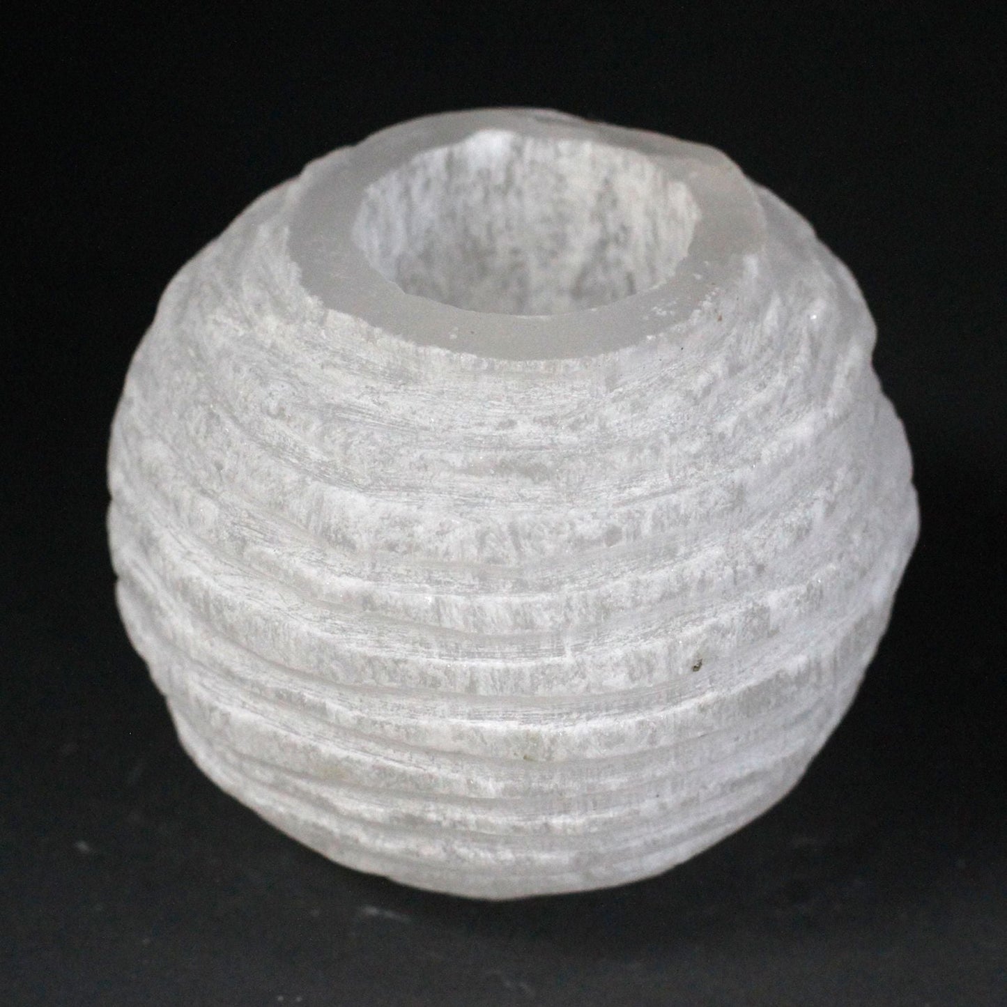 Polished Selenite Snowball Candle Holder - 8 cm featuring satin white sheen and fibrous texture - Positive Faith Hope Love