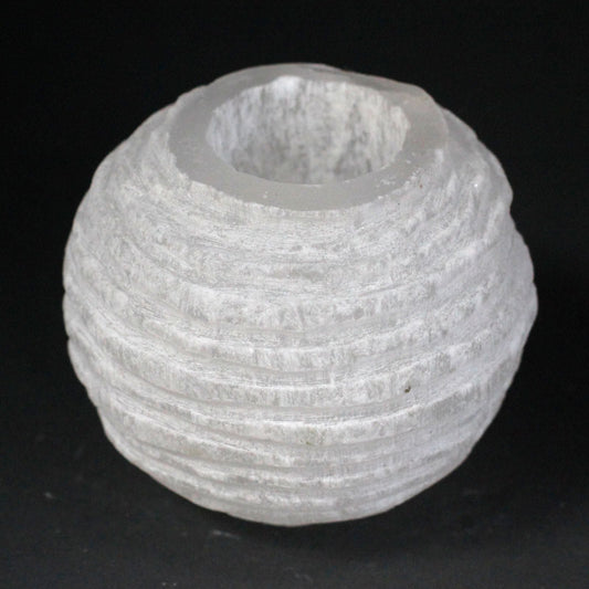 Polished Selenite Snowball Candle Holder - 8 cm featuring satin white sheen and fibrous texture - Positive Faith Hope Love