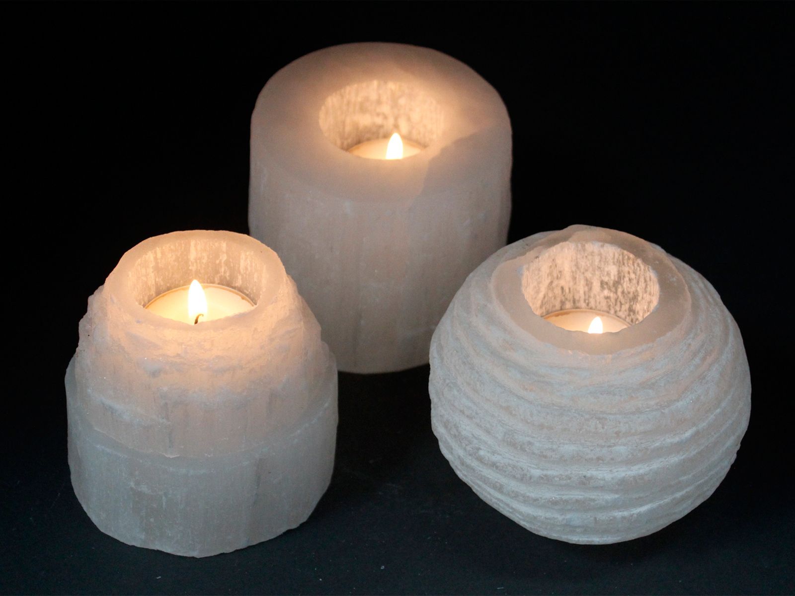 Polished Selenite Snowball Candle Holder 8 Cm featuring satin white sheen and fibrous texture - Positive Faith Hope Love