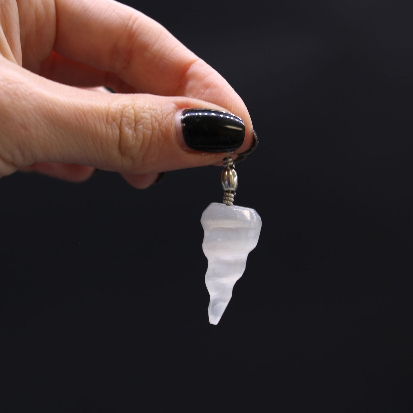 Polished Selenite Spiral Pendant featuring satin white sheen and fibrous texture - Positive Faith Hope Love