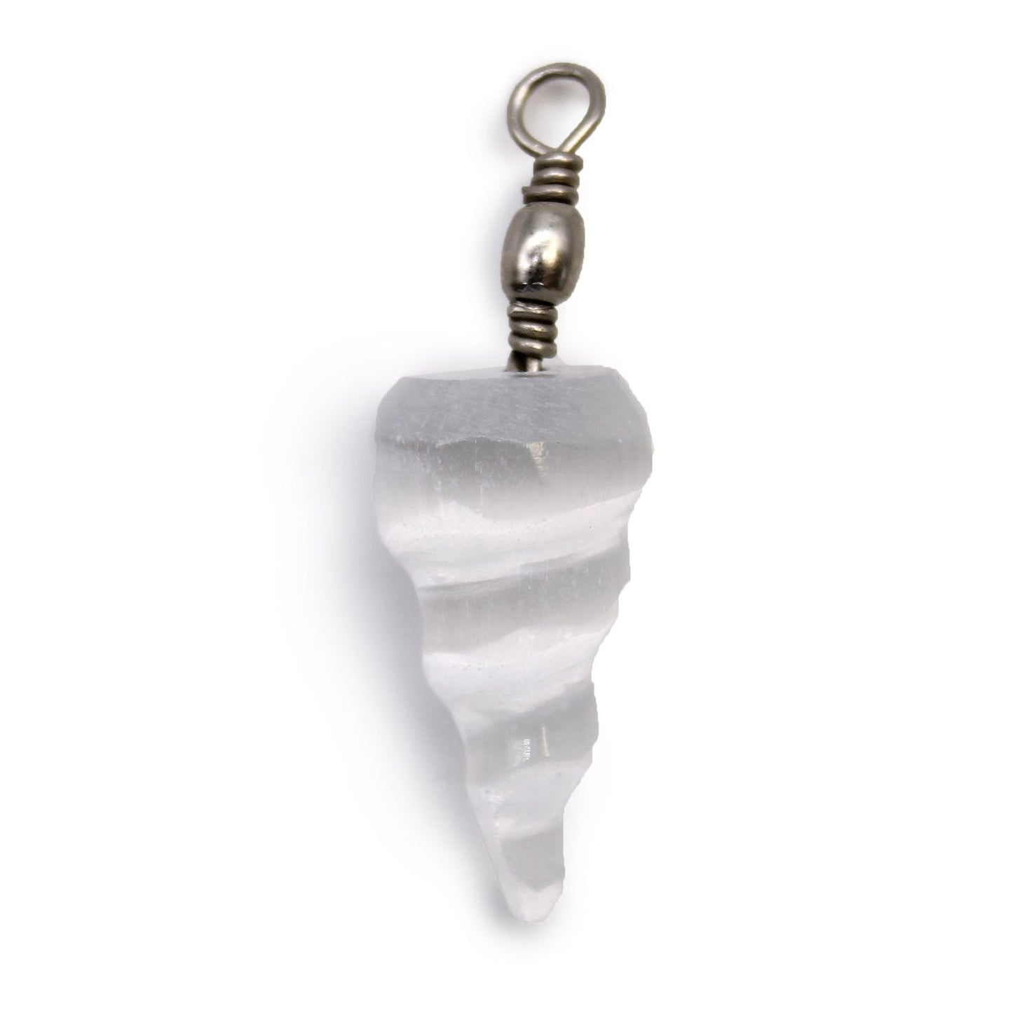 Polished Selenite Spiral Pendant featuring satin white sheen and fibrous texture - Positive Faith Hope Love