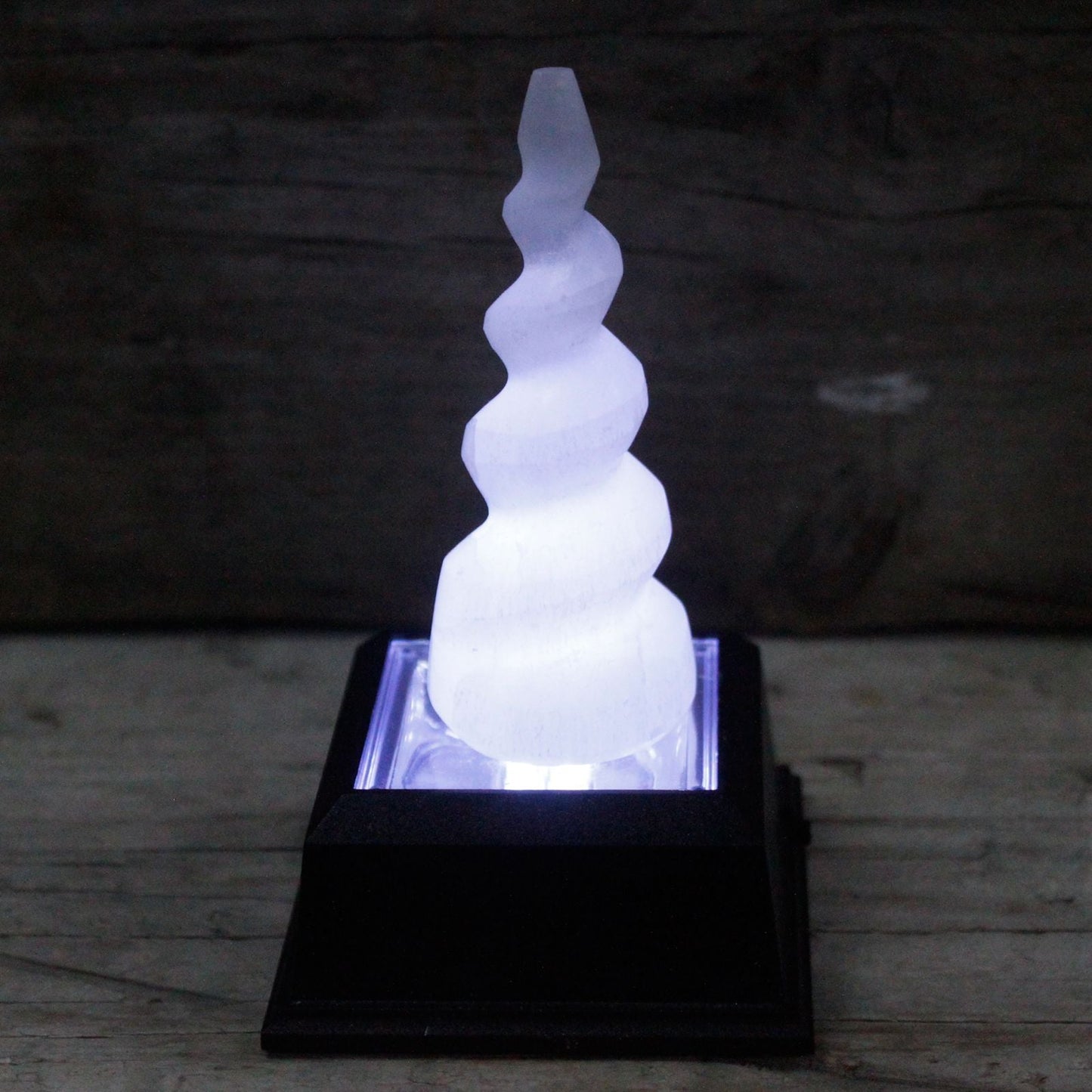 Polished Selenite Spiral Unicorn Horn Tower 10 Cm featuring satin white sheen and fibrous texture - Positive Faith Hope Love
