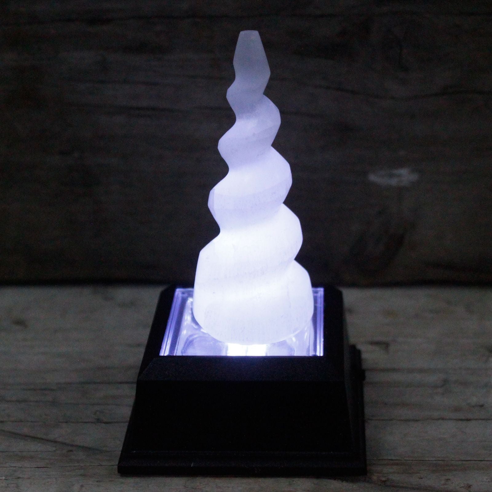 Polished Selenite Spiral Unicorn Horn Tower 10 Cm featuring satin white sheen and fibrous texture - Positive Faith Hope Love