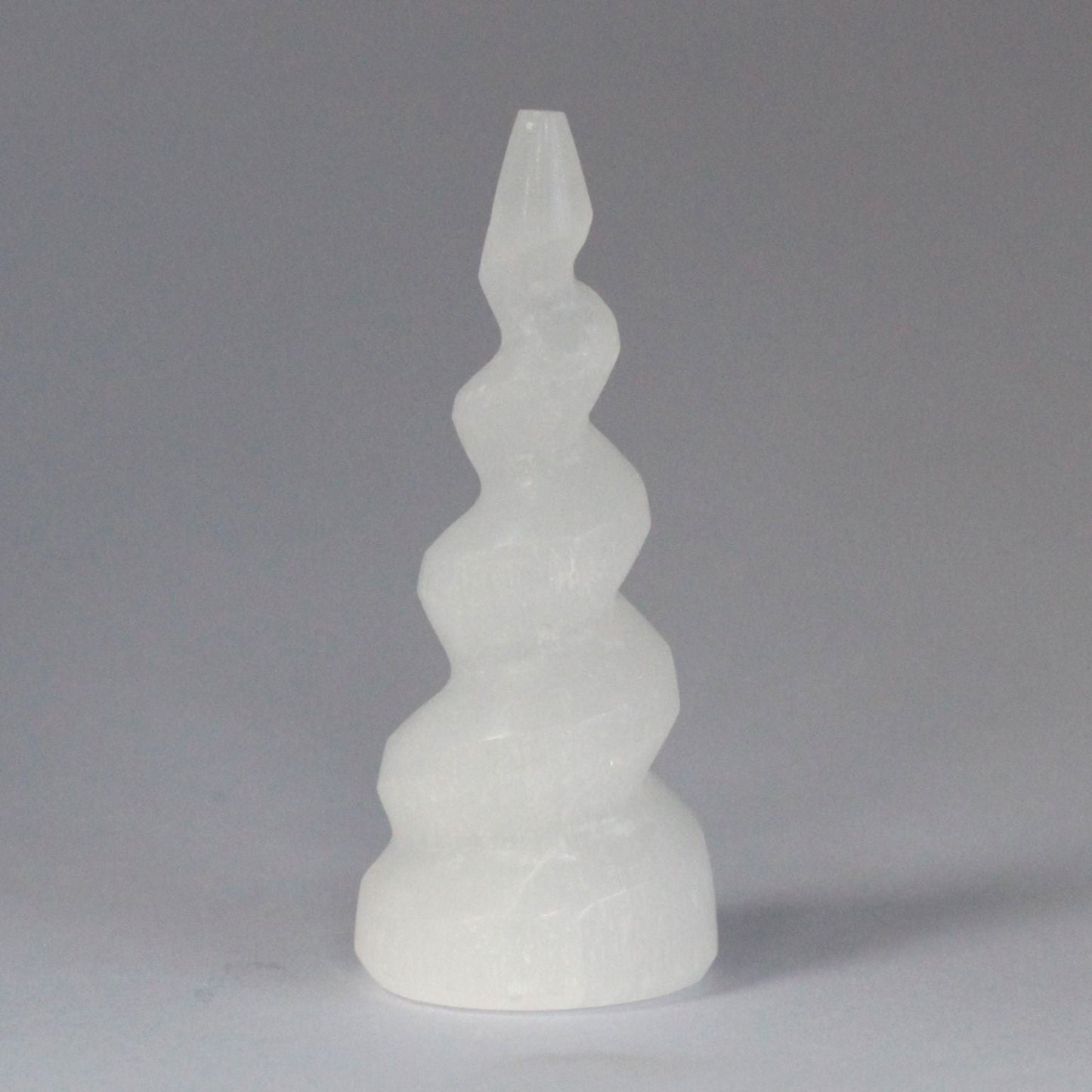Polished Selenite Spiral Unicorn Horn Tower 10 Cm featuring satin white sheen and fibrous texture - Positive Faith Hope Love