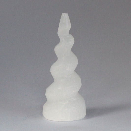 Polished Selenite Spiral Unicorn Horn Tower 10 Cm featuring satin white sheen and fibrous texture - Positive Faith Hope Love