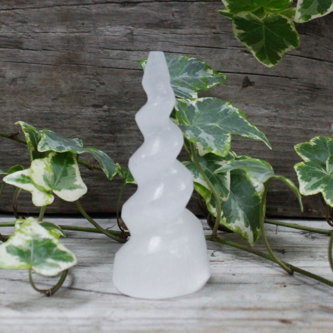 Polished Selenite Spiral Unicorn Horn Tower - 10 cm featuring satin white sheen and fibrous texture - Positive Faith Hope Love