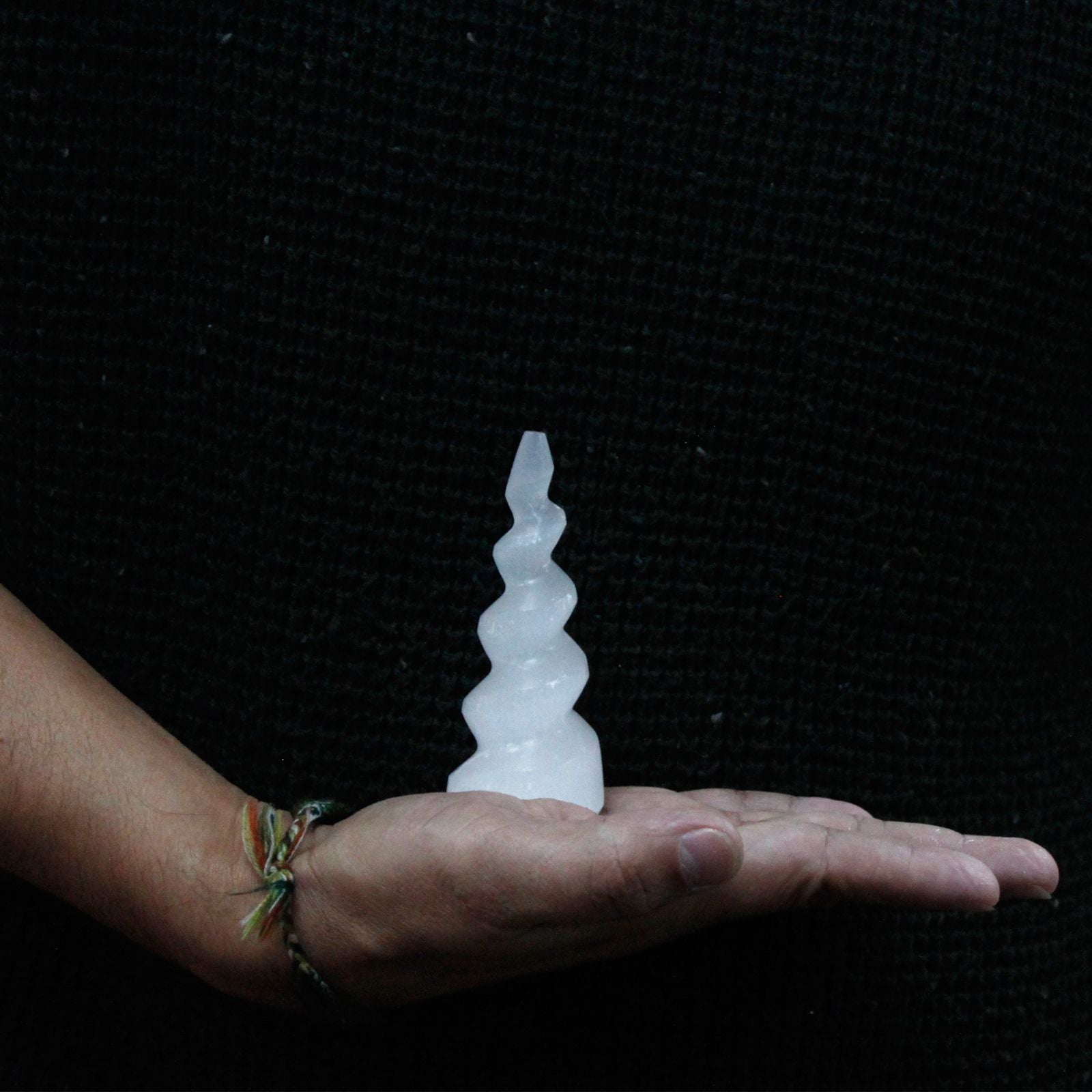 Polished Selenite Spiral Unicorn Horn Tower 10 Cm featuring satin white sheen and fibrous texture - Positive Faith Hope Love