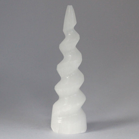 Polished Selenite Spiral Unicorn Horn Tower 15 Cm featuring satin white sheen and fibrous texture - Positive Faith Hope Love