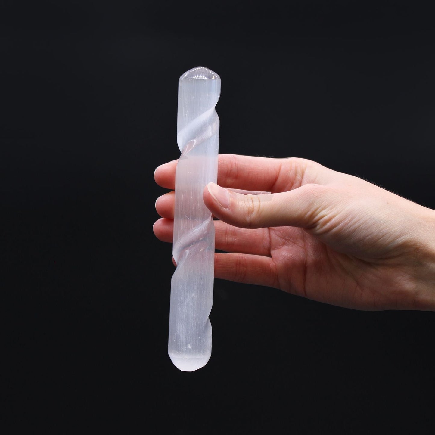Polished Selenite Spiral Wand 16 Cm Round Both Ends featuring satin white sheen and fibrous texture - Positive Faith Hope Love