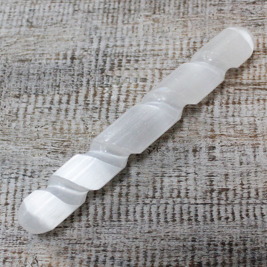 Polished Selenite Spiral Wand - 16 cm ( Round Both Ends) featuring satin white sheen and fibrous texture - Positive Faith Hope Love