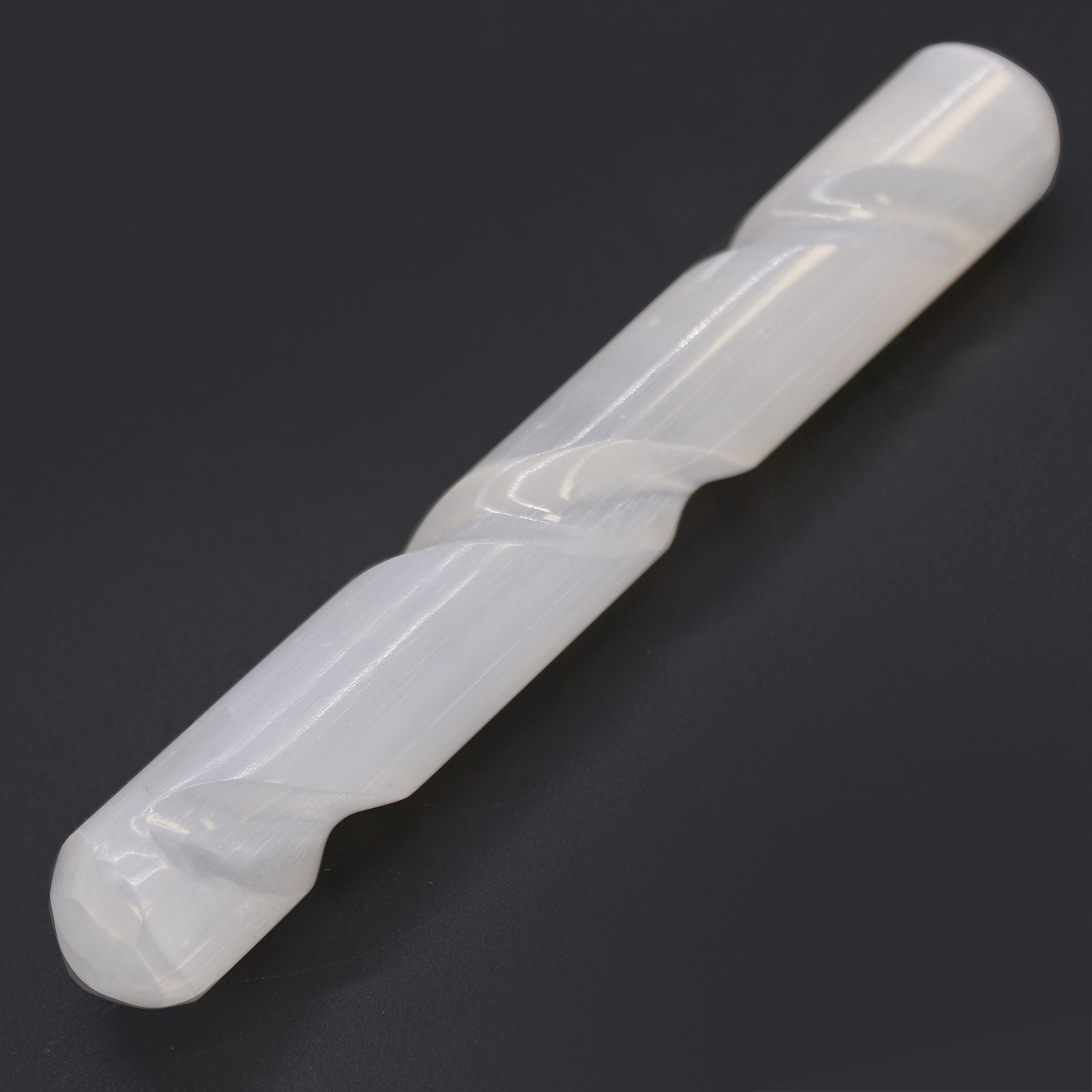 Polished Selenite Spiral Wand 16 Cm Round Both Ends featuring satin white sheen and fibrous texture - Positive Faith Hope Love