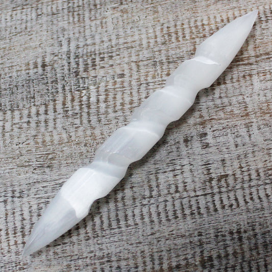 Polished Selenite Spiral Wands - 16 cm (Point Both Ends) featuring satin white sheen and fibrous texture - Positive Faith Hope Love