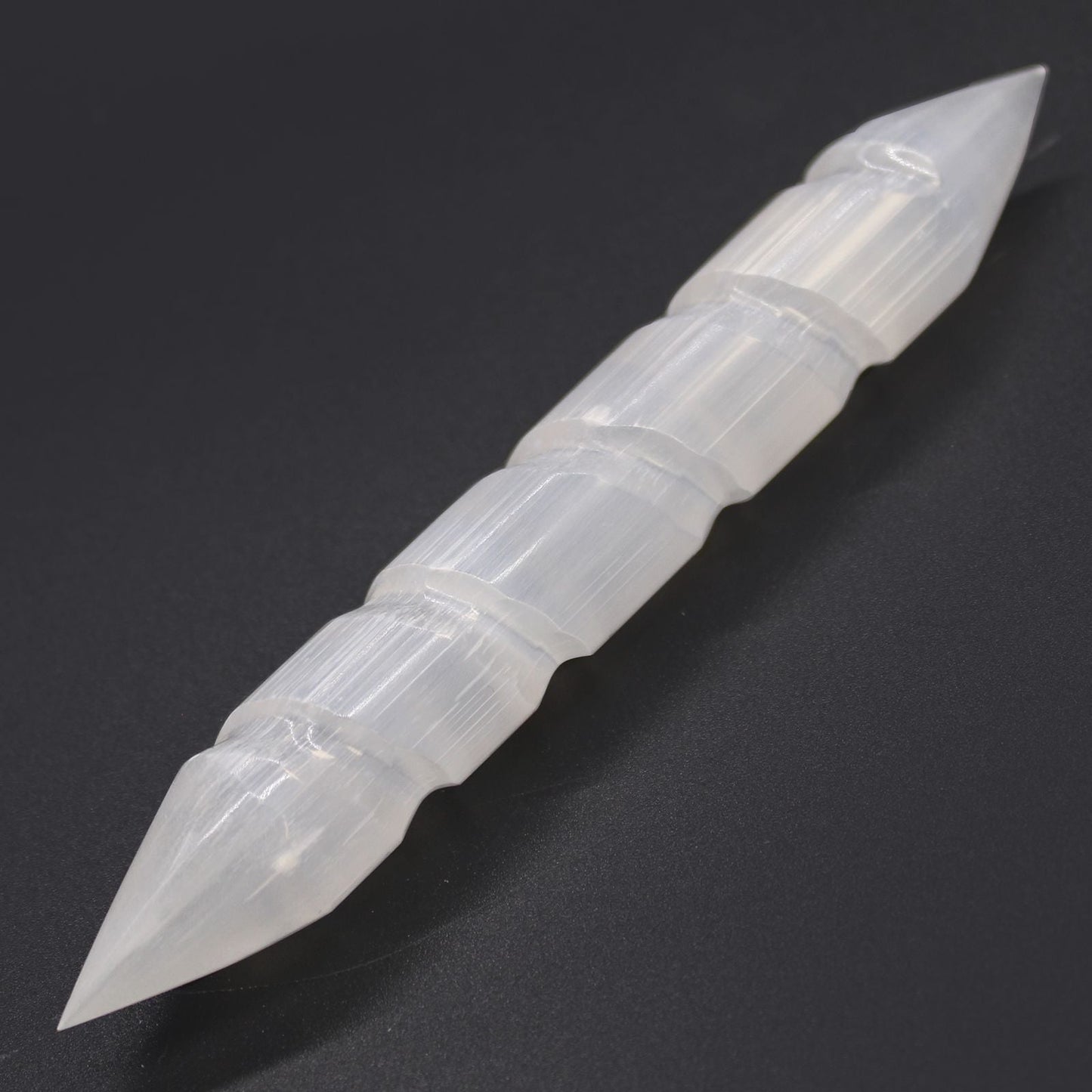 Polished Selenite Spiral Wands 16 Cm Point Both Ends featuring satin white sheen and fibrous texture - Positive Faith Hope Love