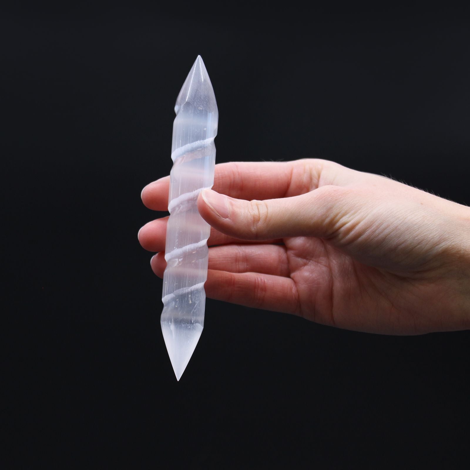 Polished Selenite Spiral Wands 16 Cm Point Both Ends featuring satin white sheen and fibrous texture - Positive Faith Hope Love