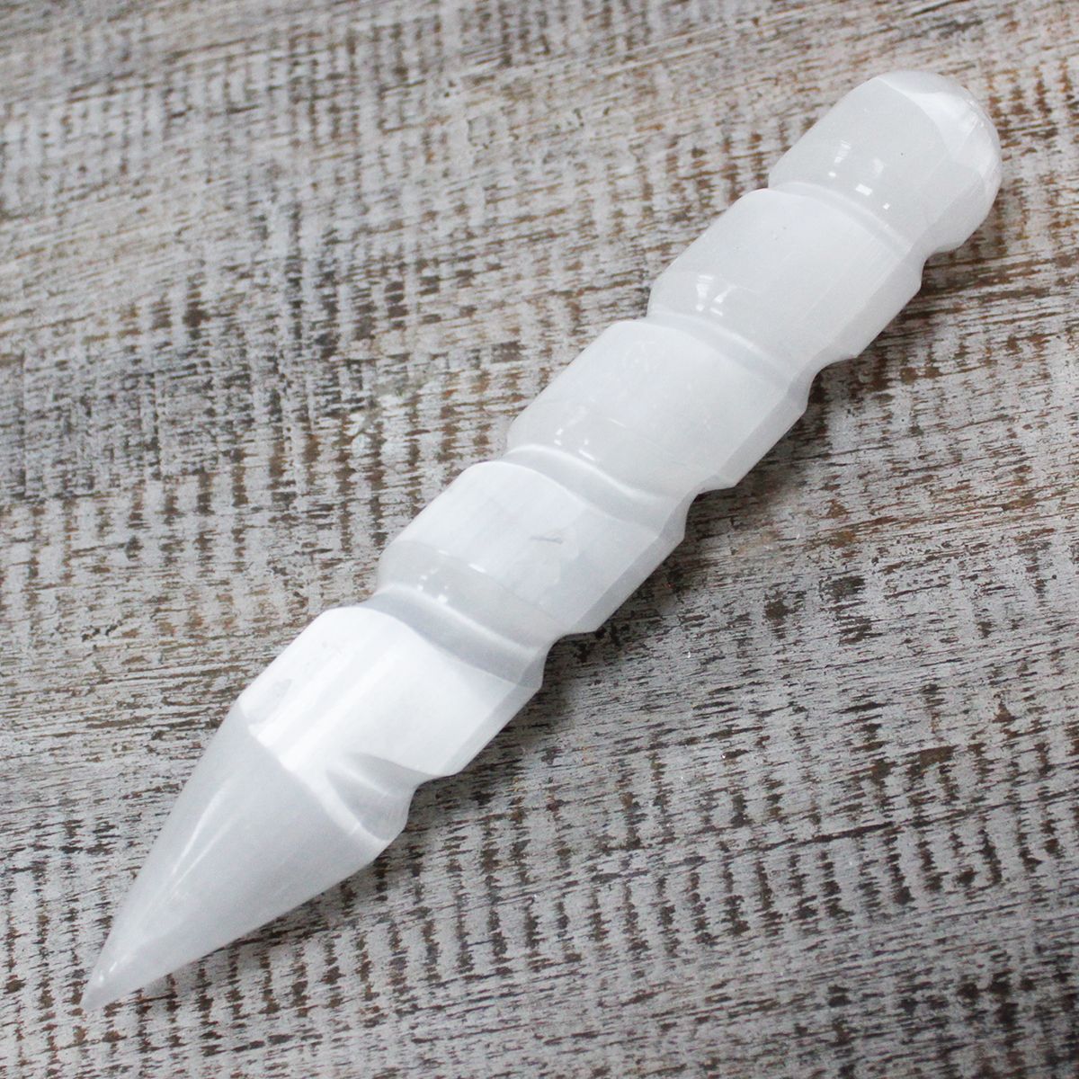Polished Selenite Spiral Wands - 16 cm (Point One Ends) featuring satin white sheen and fibrous texture - Positive Faith Hope Love