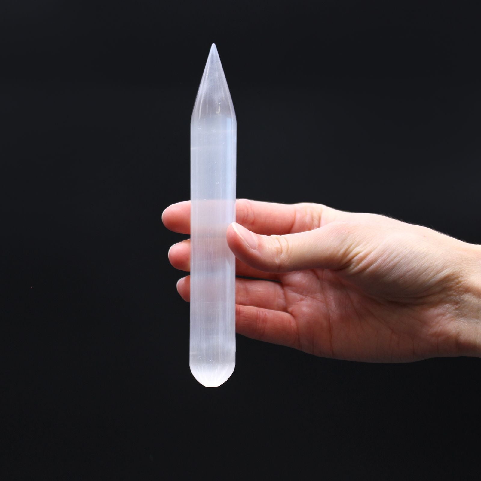 Polished Selenite Wand 16 Cm Point One End featuring satin white sheen and fibrous texture - Positive Faith Hope Love