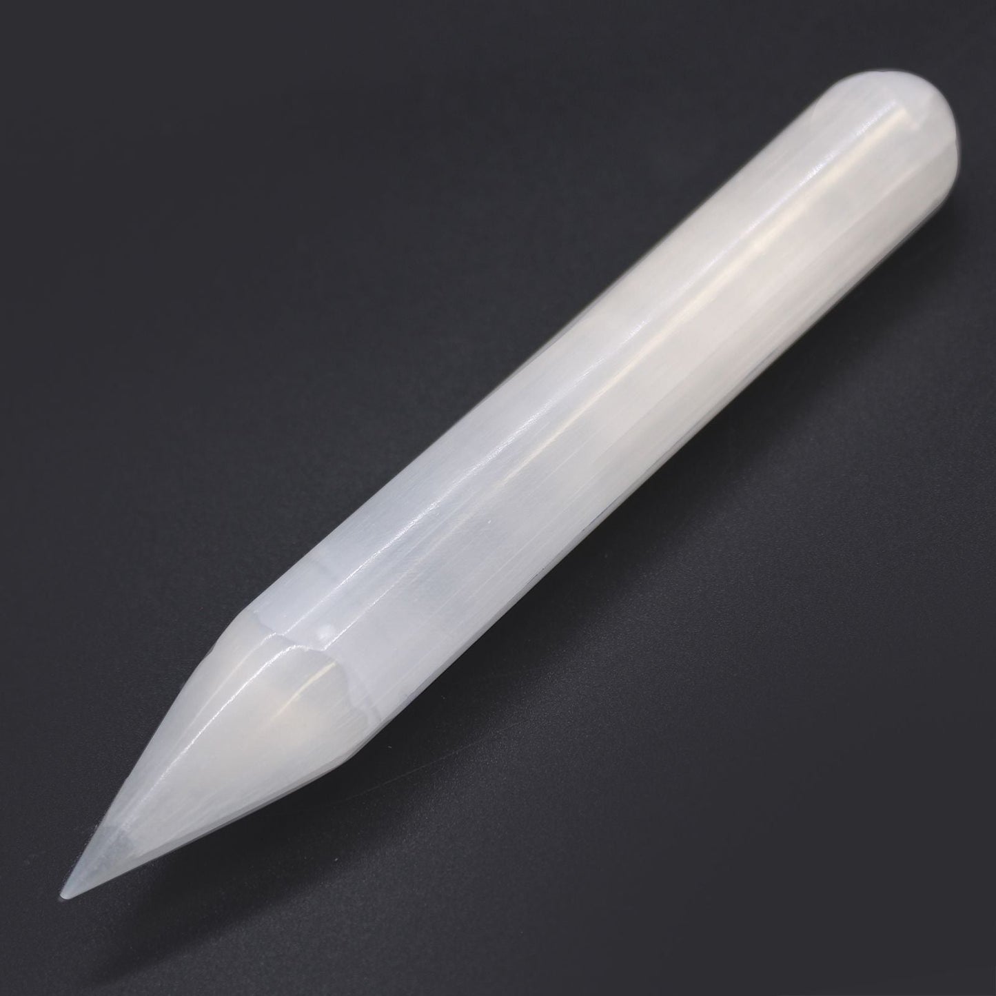 Polished Selenite Wand 16 Cm Point One End featuring satin white sheen and fibrous texture - Positive Faith Hope Love
