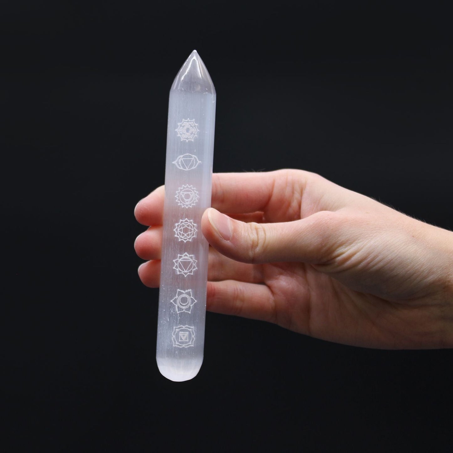 Polished Selenite Wand 16 Cm Point One End 7 Chakra featuring satin white sheen and fibrous texture - Positive Faith Hope Love