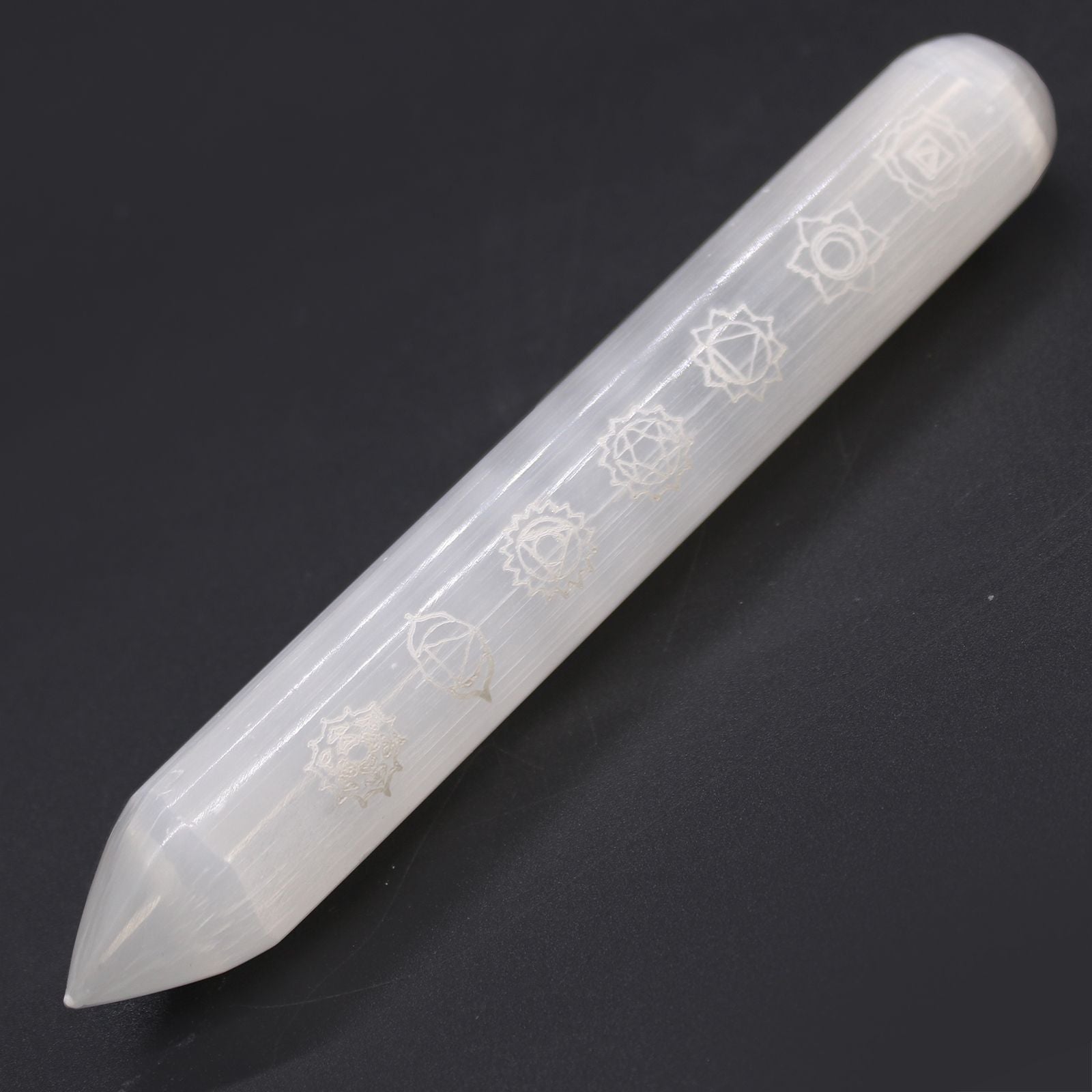 Polished Selenite Wand 16 Cm Point One End 7 Chakra featuring satin white sheen and fibrous texture - Positive Faith Hope Love