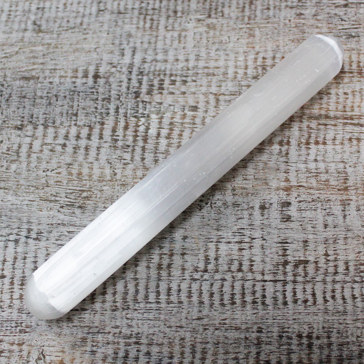 Polished Selenite Wand - 16 cm (Round Both Ends) featuring satin white sheen and fibrous texture - Positive Faith Hope Love