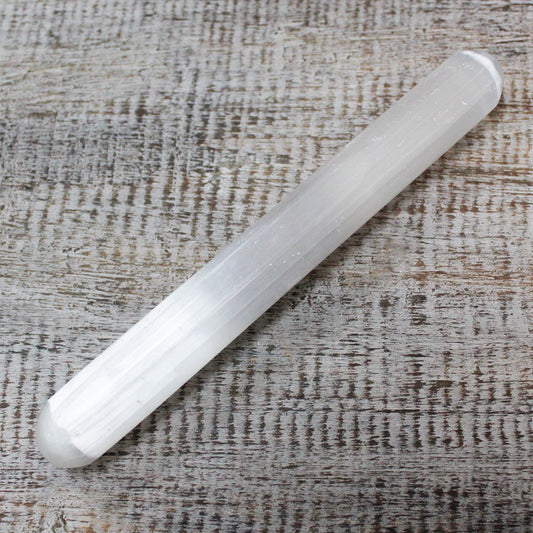 Polished Selenite Wand - 16 cm (Round Both Ends) featuring satin white sheen and fibrous texture - Positive Faith Hope Love