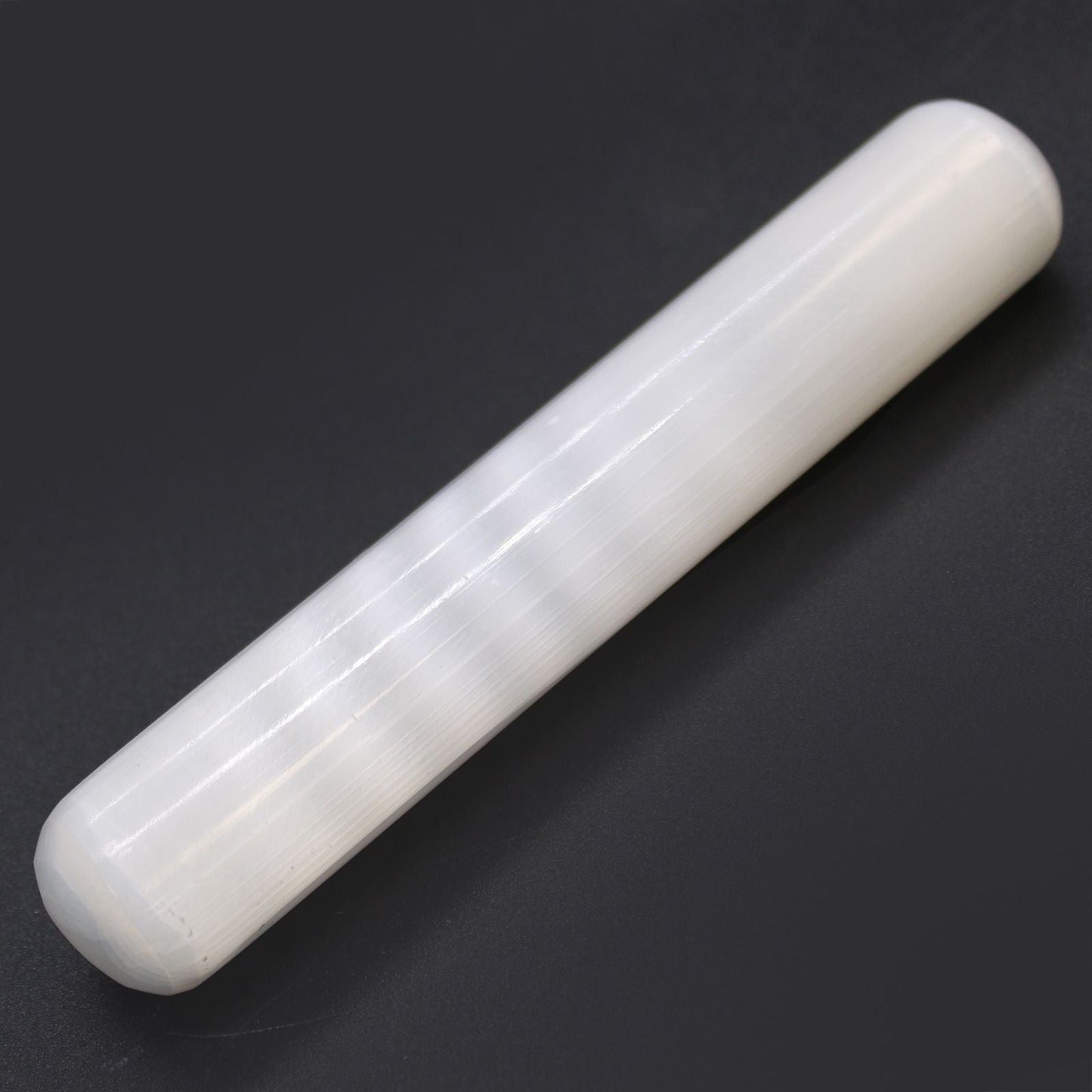 Polished Selenite Wand 16 Cm Round Both Ends featuring satin white sheen and fibrous texture - Positive Faith Hope Love