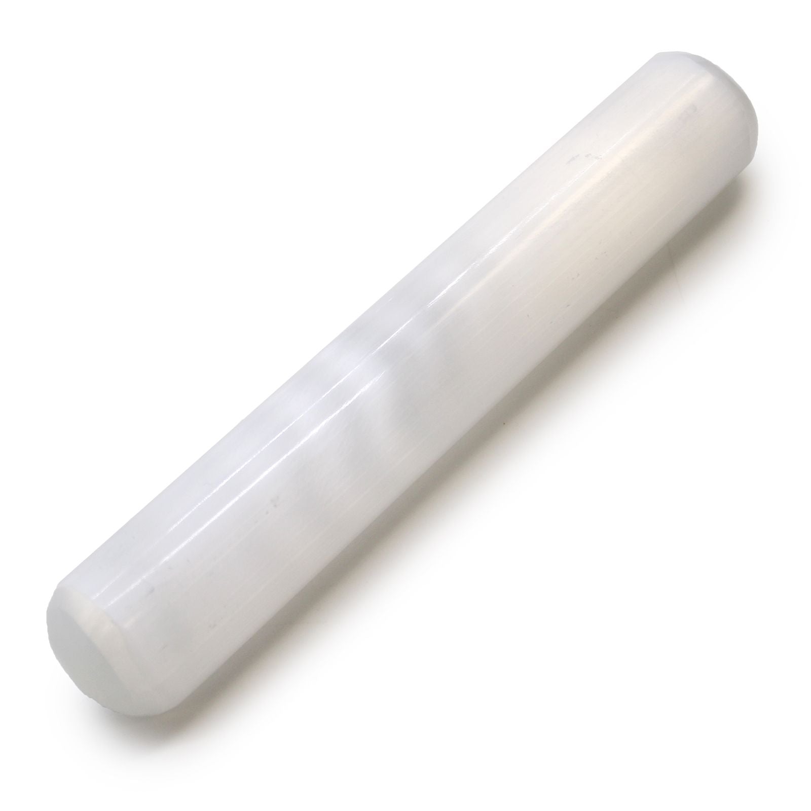 Polished Selenite Wand 16 Cm Round Both Ends featuring satin white sheen and fibrous texture - Positive Faith Hope Love