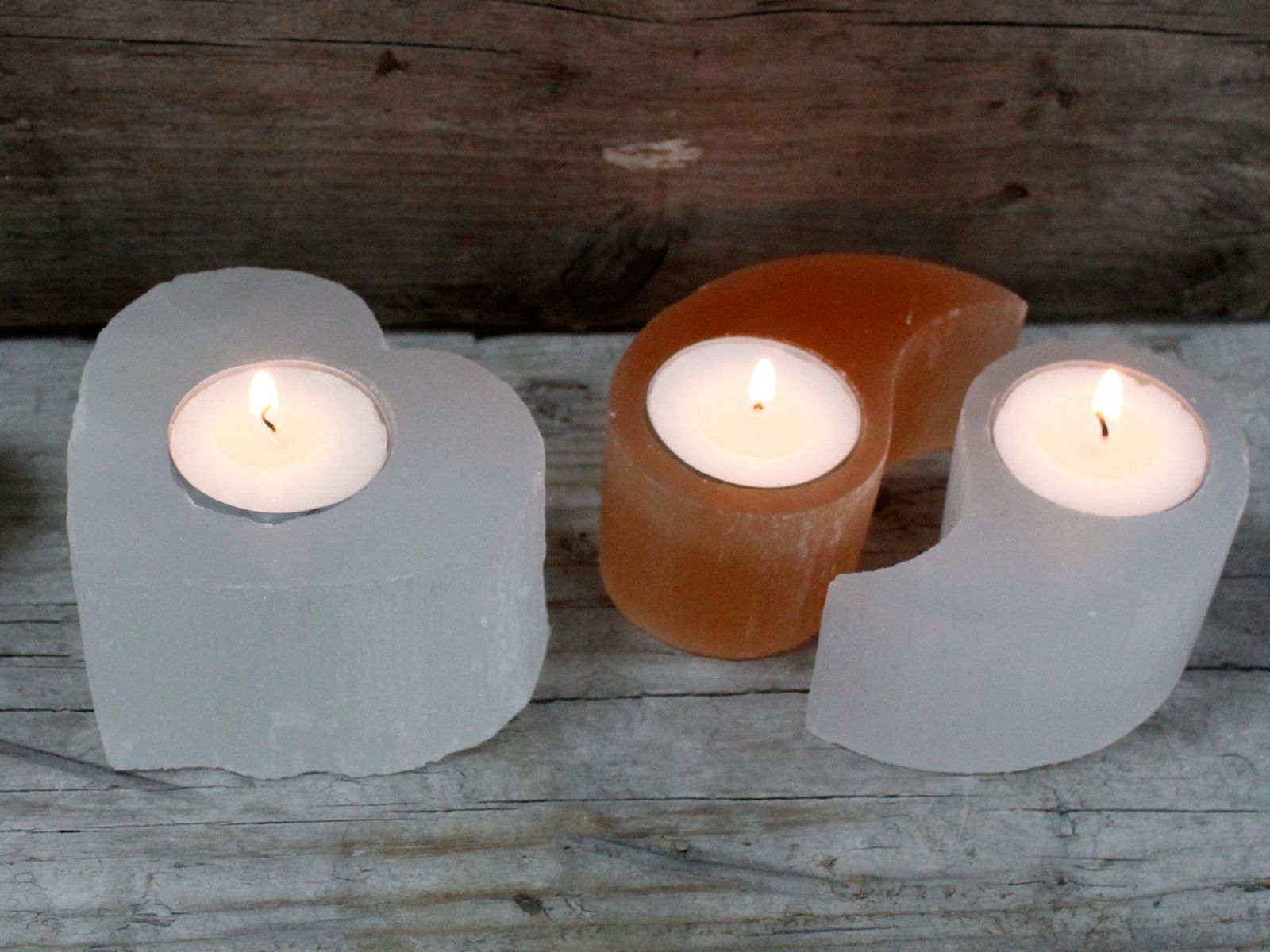 Polished Selenite Ying Yang Candle Holder featuring satin white sheen and fibrous texture - Positive Faith Hope Love