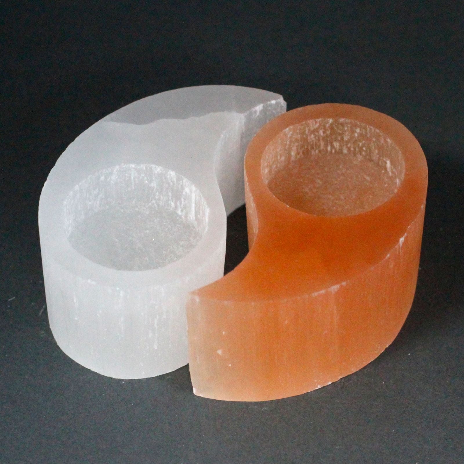 Polished Selenite Ying Yang Candle Holder featuring satin white sheen and fibrous texture - Positive Faith Hope Love