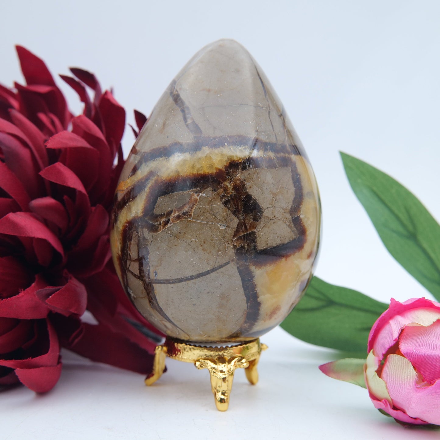 Polished Septeria With Calcite Aragonite Egg 593G featuring warm brown star-like clusters - Positive Faith Hope Love