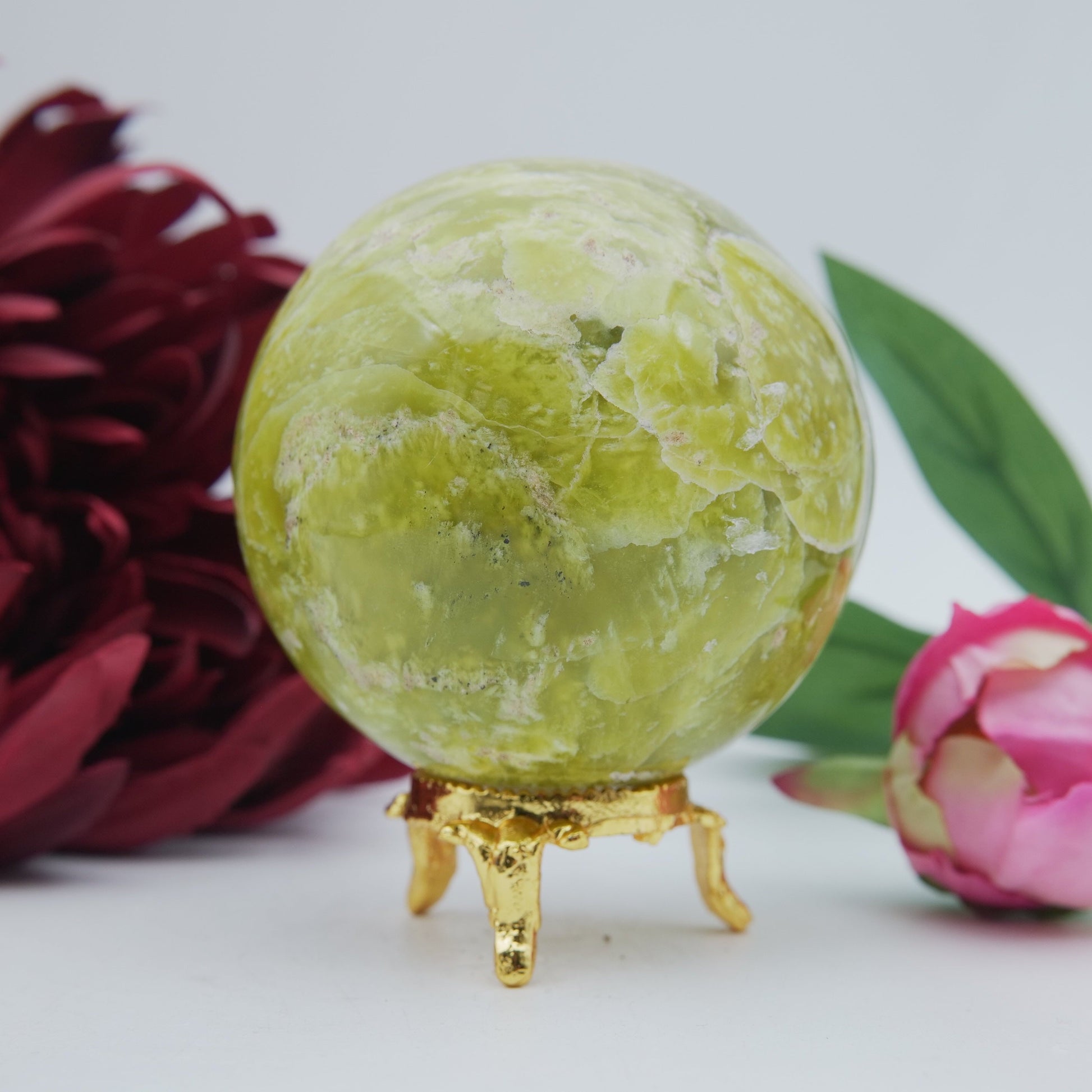 Polished Serpentine Sphere 70Mm 485G featuring mossy green tone with natural veining - Positive Faith Hope Love