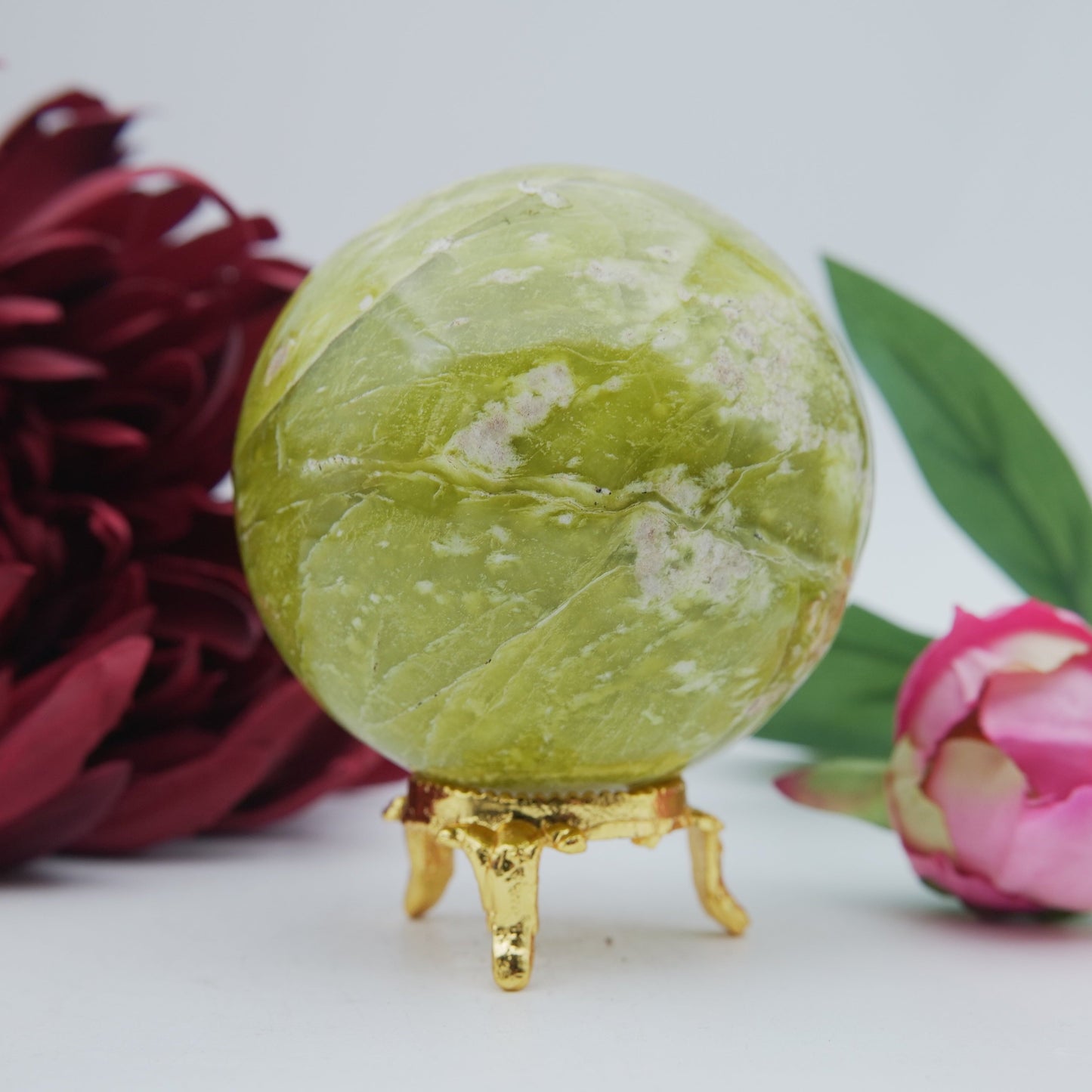 Polished Serpentine Sphere 70Mm 485G featuring mossy green tone with natural veining - Positive Faith Hope Love