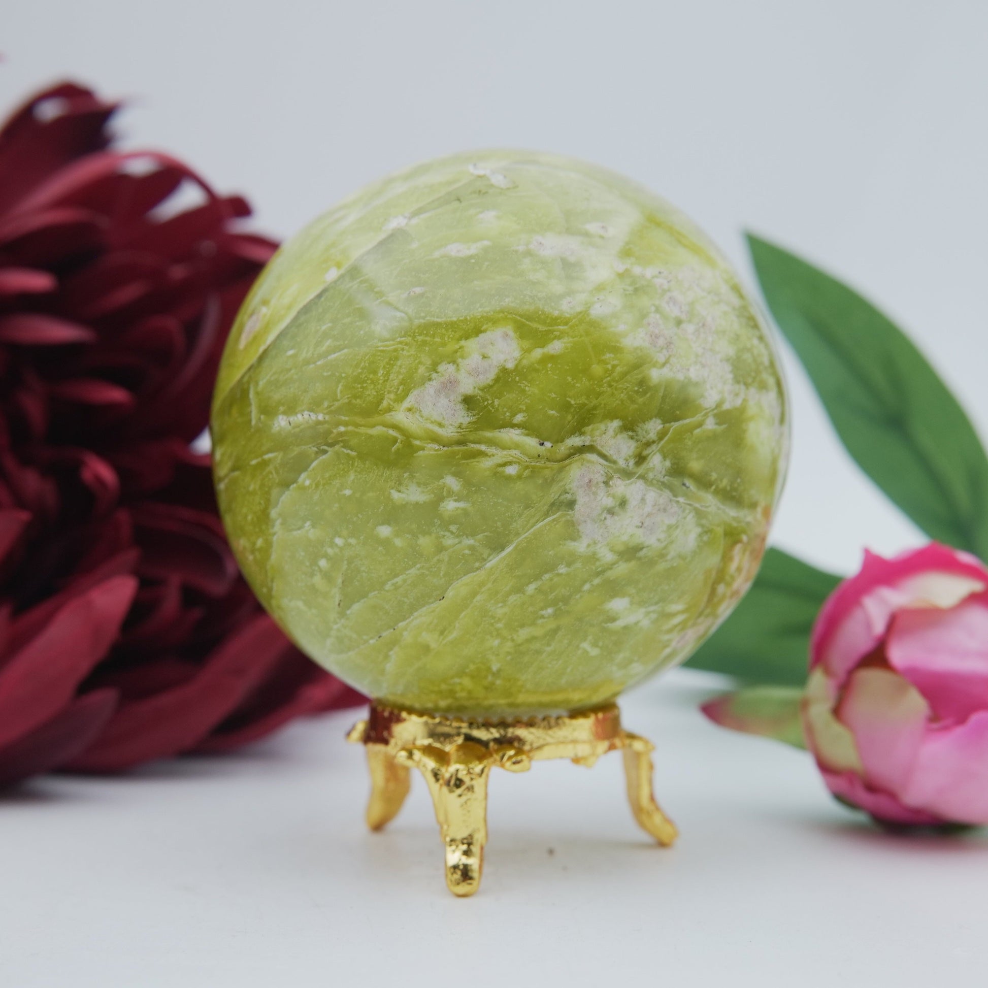 Polished Serpentine Sphere 70Mm 485G featuring mossy green tone with natural veining - Positive Faith Hope Love