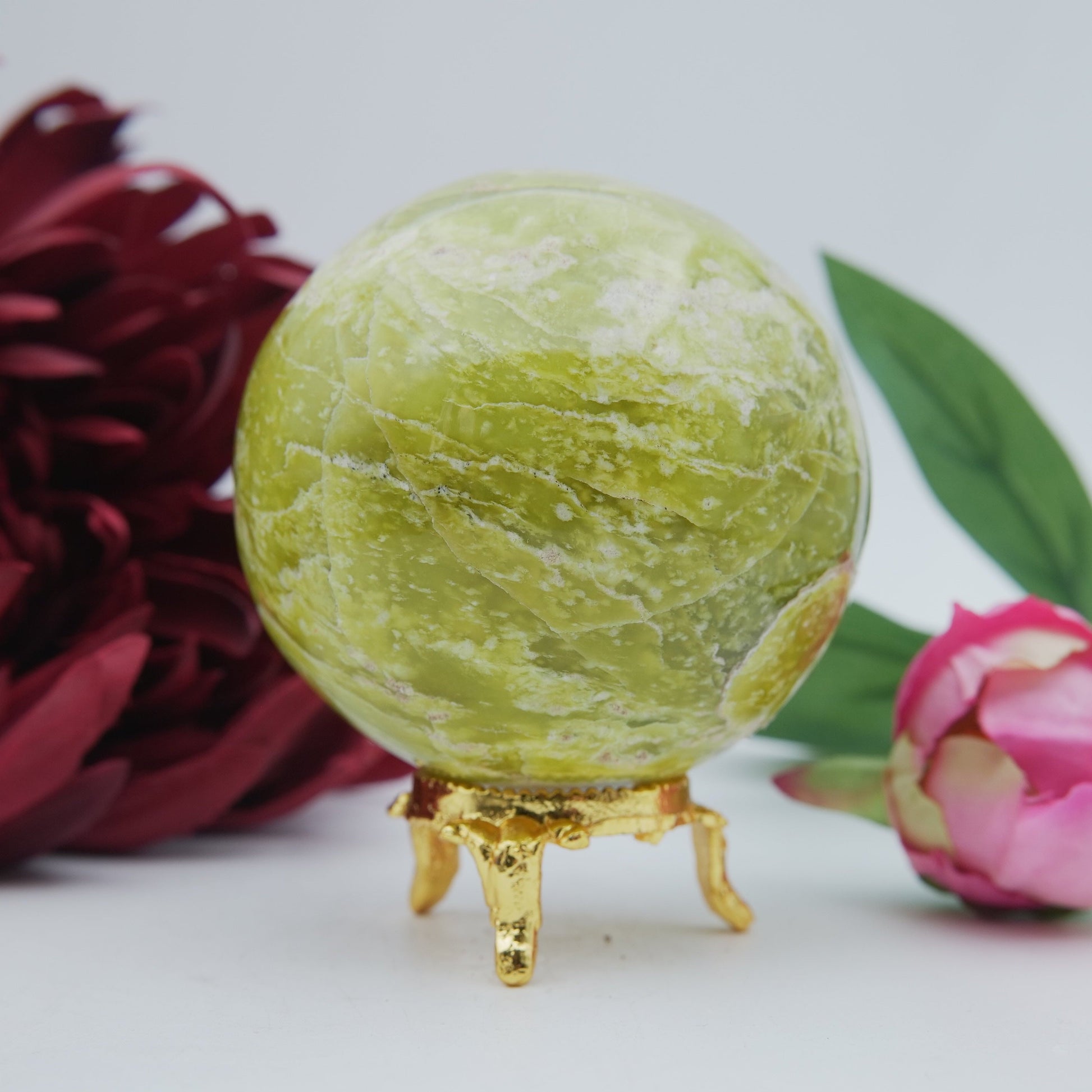 Polished Serpentine Sphere 70Mm 485G featuring mossy green tone with natural veining - Positive Faith Hope Love