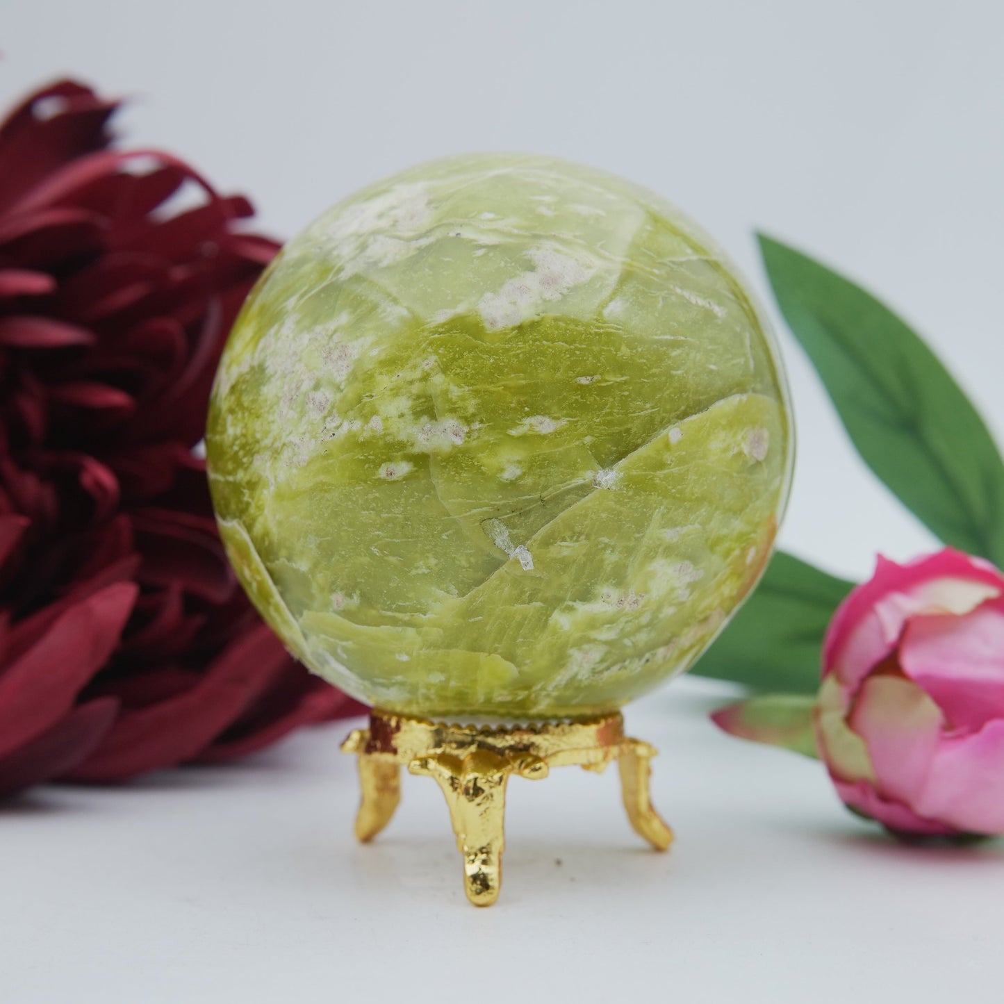 Polished Serpentine Sphere 70Mm 485G featuring mossy green tone with natural veining - Positive Faith Hope Love