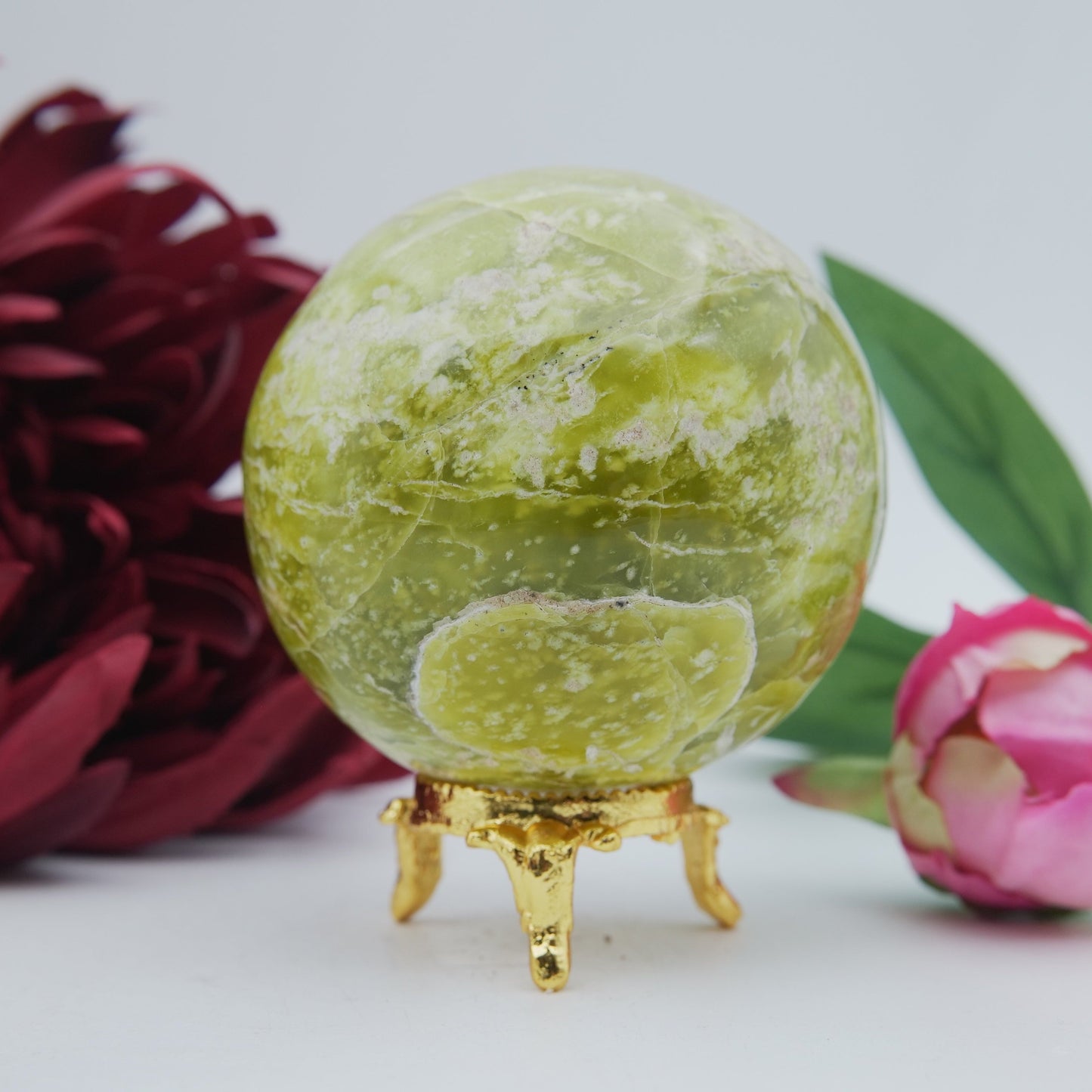 Polished Serpentine Sphere 70Mm 485G featuring mossy green tone with natural veining - Positive Faith Hope Love