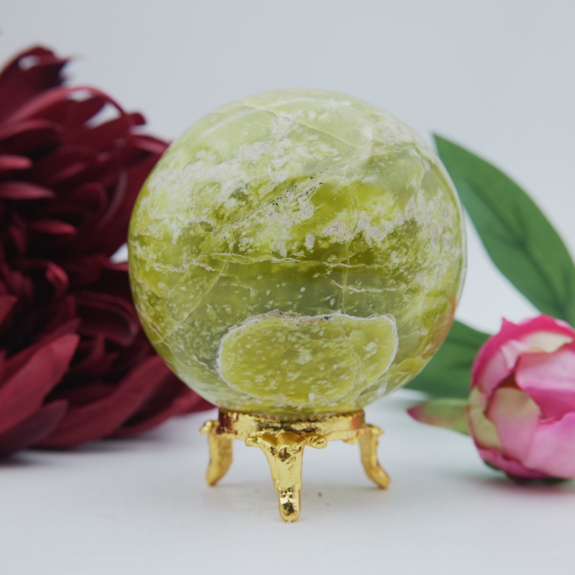 Polished Serpentine Sphere 70Mm 485G featuring mossy green tone with natural veining - Positive Faith Hope Love