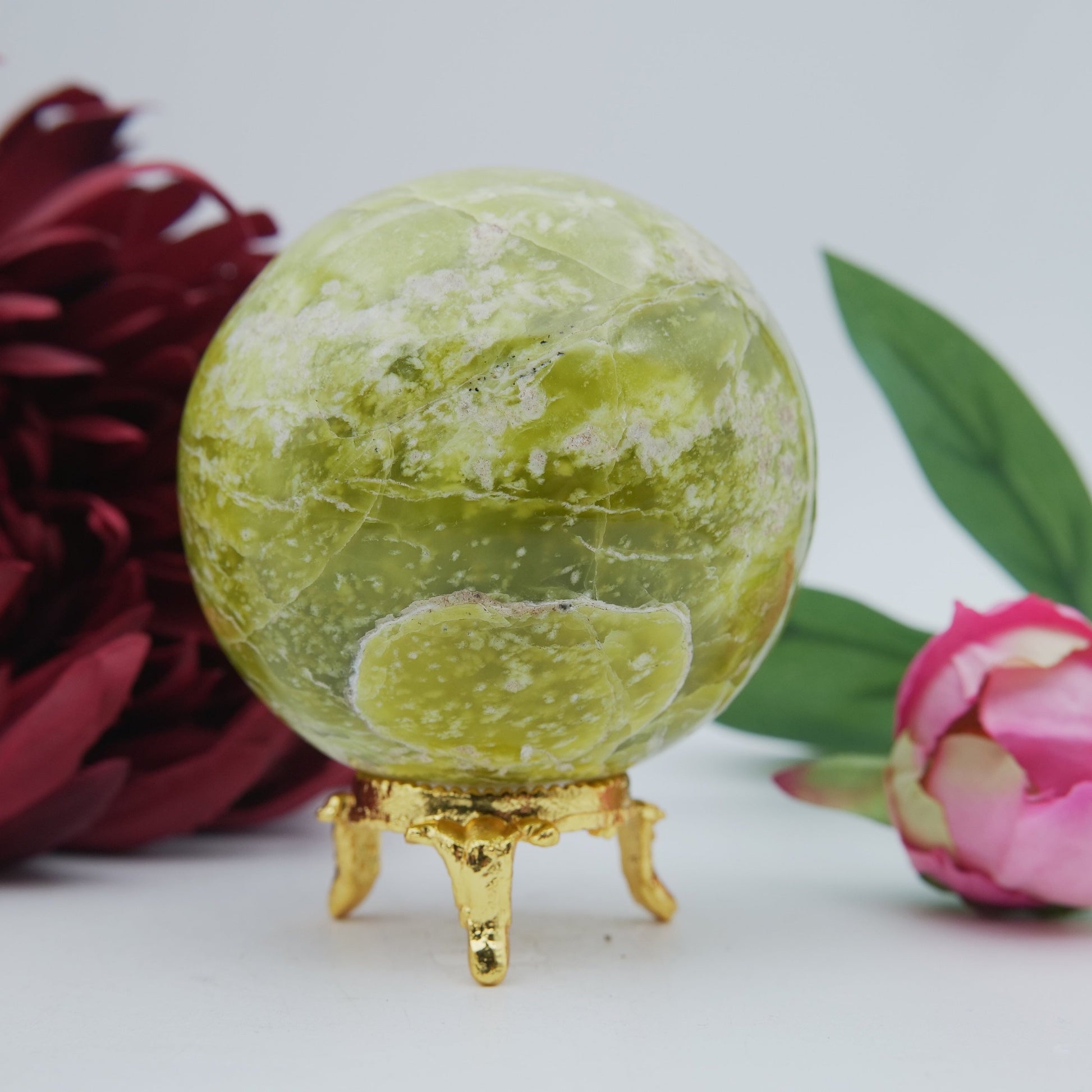Polished Serpentine Sphere 70Mm 485G featuring mossy green tone with natural veining - Positive Faith Hope Love